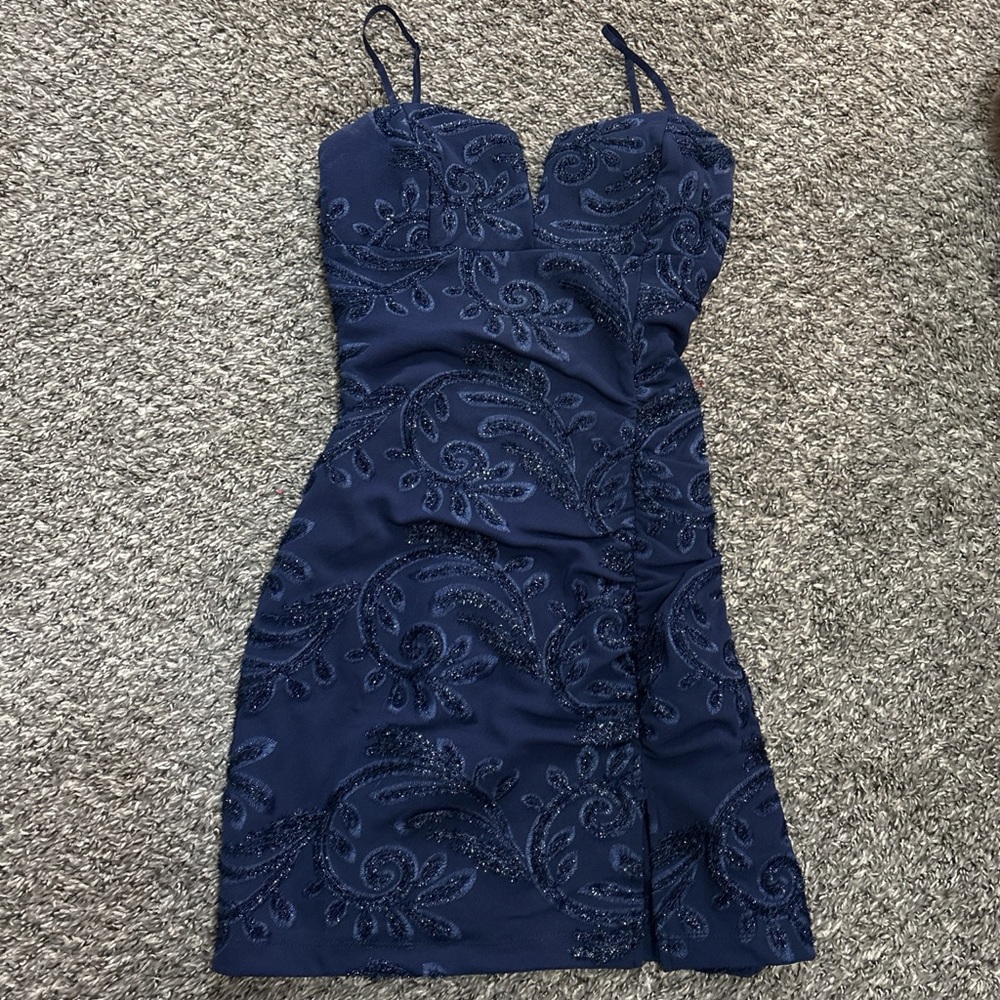 Navy Embellished Spaghetti Strap hoco Dress